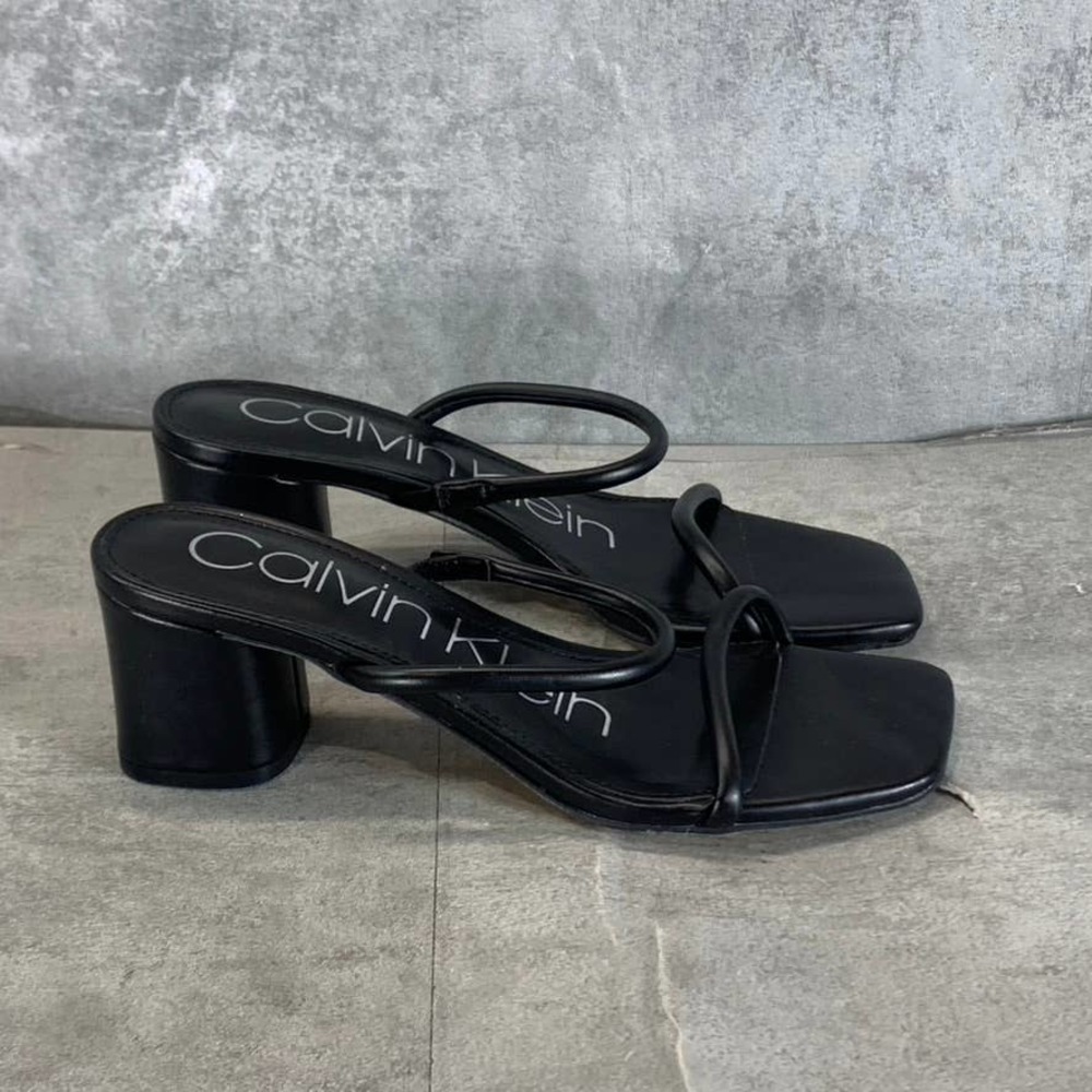 Calvin Klein Women's Black Beccy Square-Toe 2-Strap Block-Heel Sandals SZ 7.5